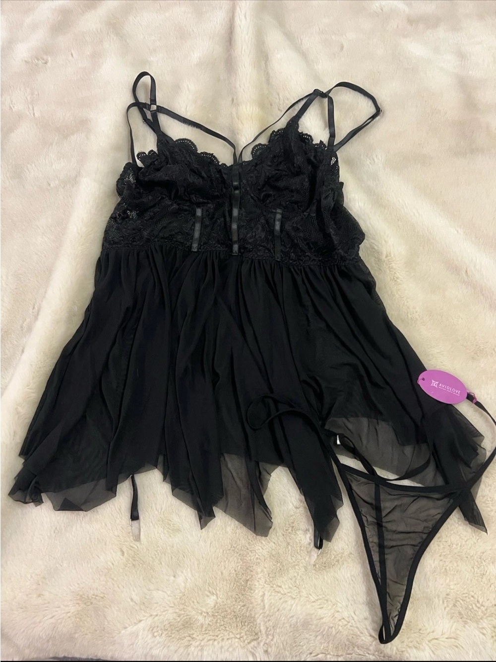 Black Lace Baby Doll Avidlove SZ 22W Sexy Lace Sheer Adj Straps Lingerie W/thong